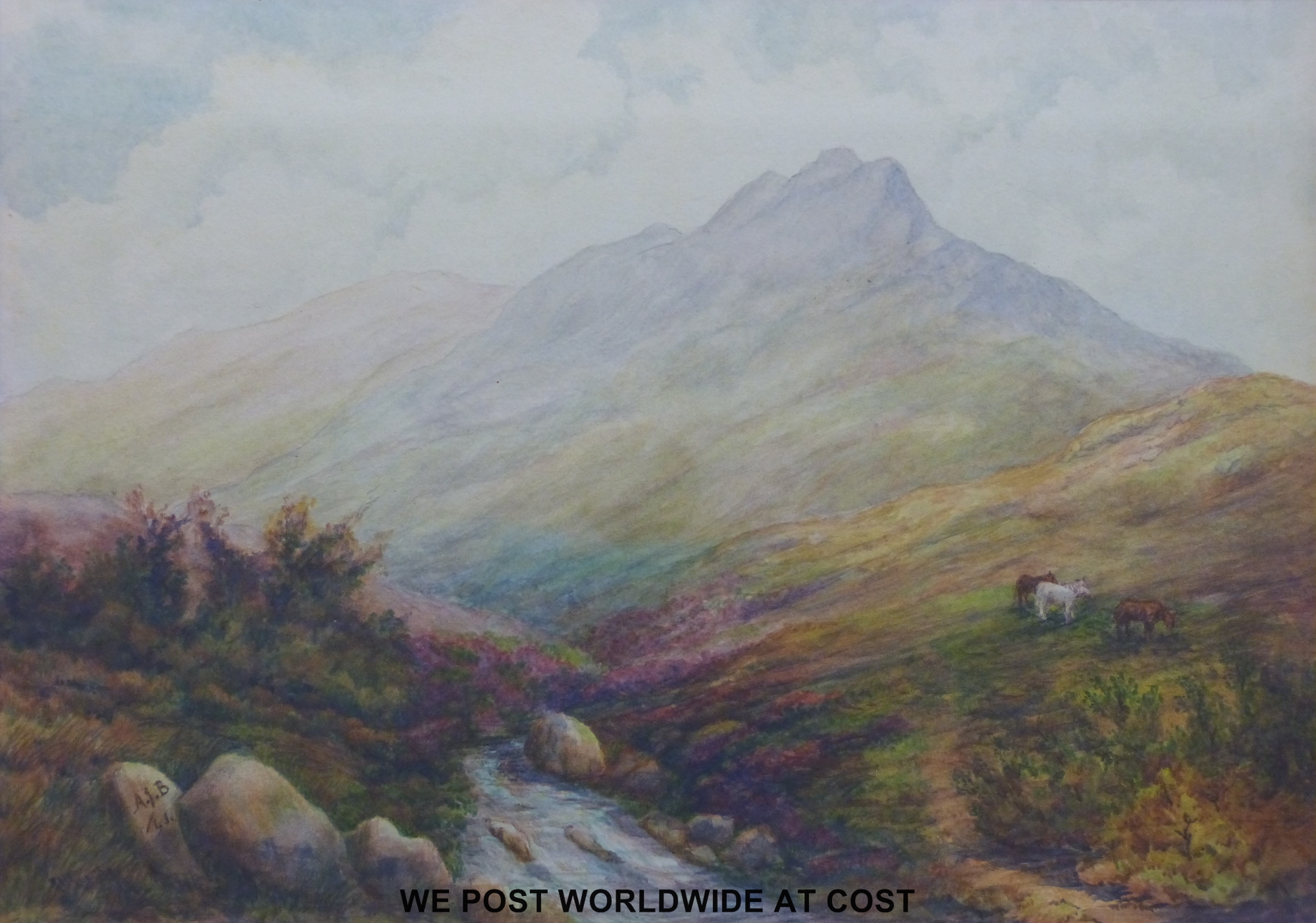 Watercolour of a moorland scene,