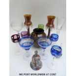 Fourteen pieces of various glassware to include a set of five flash overlaid cut glass hock glasses