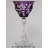 Joshua Hodges flash overlaid amethyst wine glass with etched decoration of fruiting plants to the