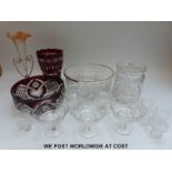 A quantity of glassware to include flash overlaid glass vase and bowl,