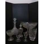 Seven pieces of clear glassware to include a hallmarked silver mounted cut glass scent bottle with