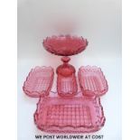 Five pieces of Bohemian cut cranberry glass to include tazza (20cm tall,