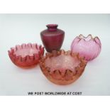 Four pieces of glass including a pair of crimped and ribbed cranberry bowls,