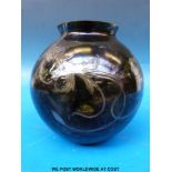 Bohemian glass vase of globular form with applied decoration of flowers and foliage on spinach