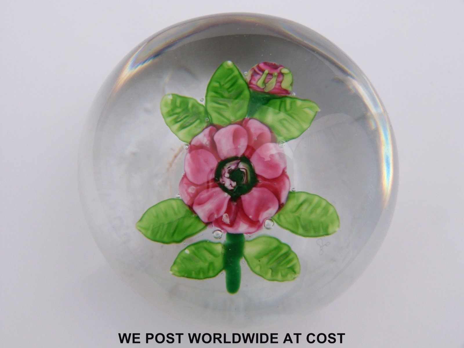 Clichy glass paperweight featuring a central pink and green flower with green foliage (6.