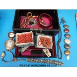 A vintage jewellery box, mourning brooch, agate bracelet, coral beads,