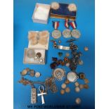 A silver ingot, hallmarked silver pendant, threepenny pieces, hallmarked silver identity bracelet,