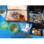 A collection of jewellery to include glass beads, brooches, wooden box with silver mounts,