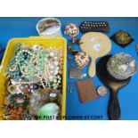 A box of costume jewellery to include beads, compacts,