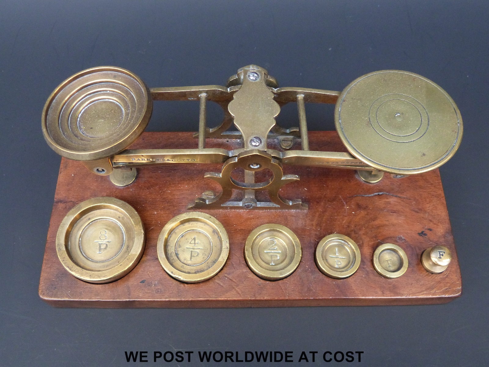 A set of Parkins & Gotto postage scales on wooden base with weights - Image 2 of 2