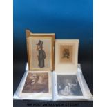 A collection of prints including a Spy of Tennyson and an early image of College Court, Gloucester.