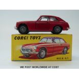 Corgi Toys diecast model MGB GT, 327, with dark red body, pale blue interior,