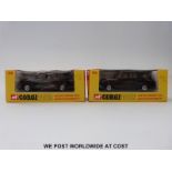 Two Corgi Toys diecast model Austin London Taxis, 418, both with black bodies and red interiors,