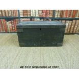 A metal bound wooden strongbox/ travelling trunk with candle box (W61 D50 H51)