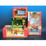 Six Britains 1:32 scale model farm vehicles, New Holland combine harvester 9571, John Deere 7820,