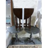 Two grey painted tripod tables (diameter 60cm)
