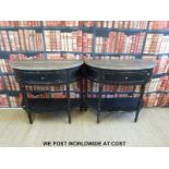 A pair of shaped side tables with single drawer and shelf below (W99 D40 H90cm)