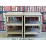 A pair of three tier occasional tables with cross frames,