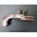 Double barrelled over and under tap-action muff pistol with silver wire inlaid and chequered shaped