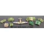 Nine Dinky Toys and Britains diecast model military vehicles and aircraft.