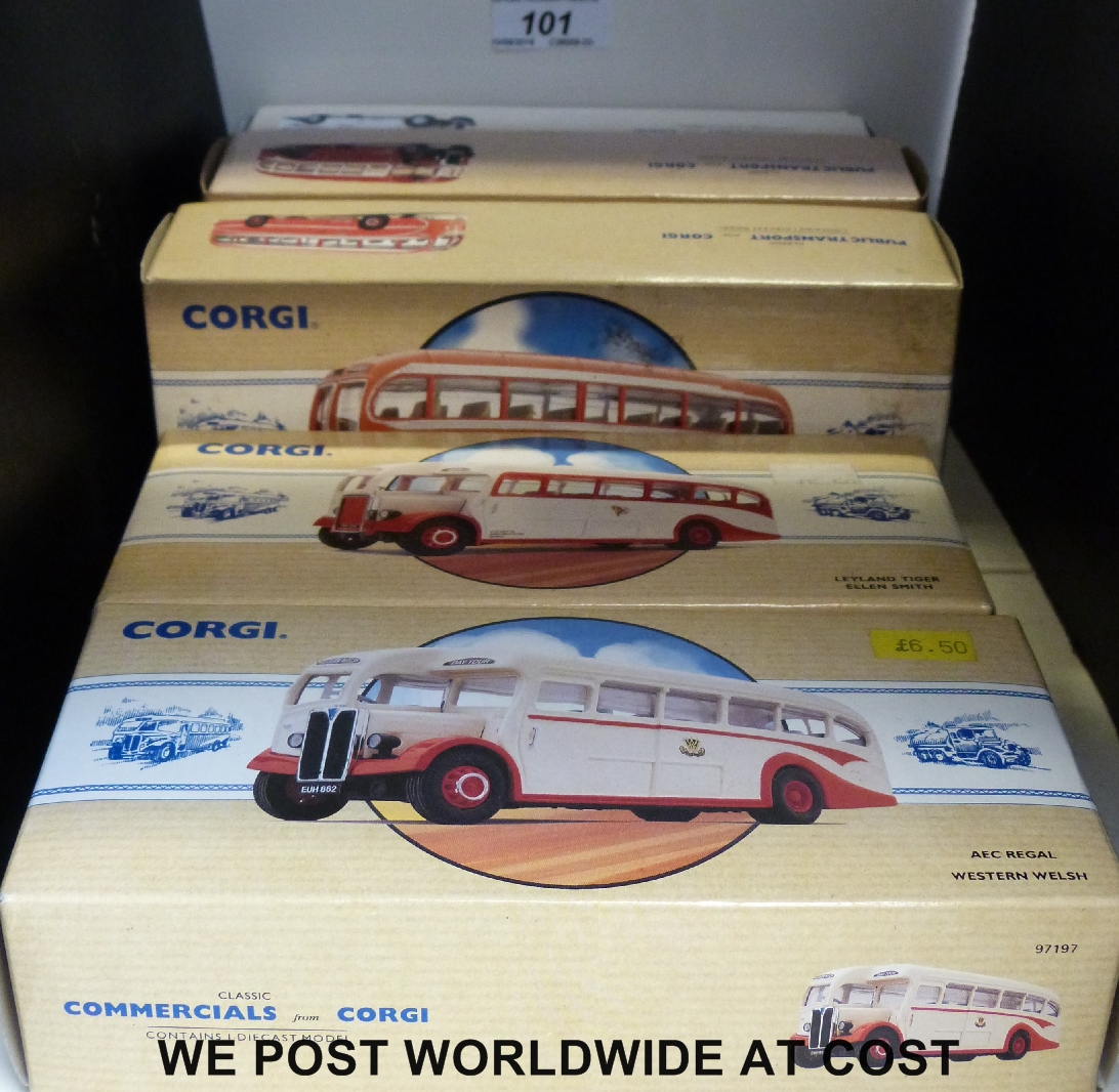 Five Corgi diecast model buses from the Public Transport and the Commercials ranges,