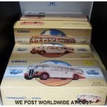 Five Corgi diecast model buses from the Public Transport and the Commercials ranges,