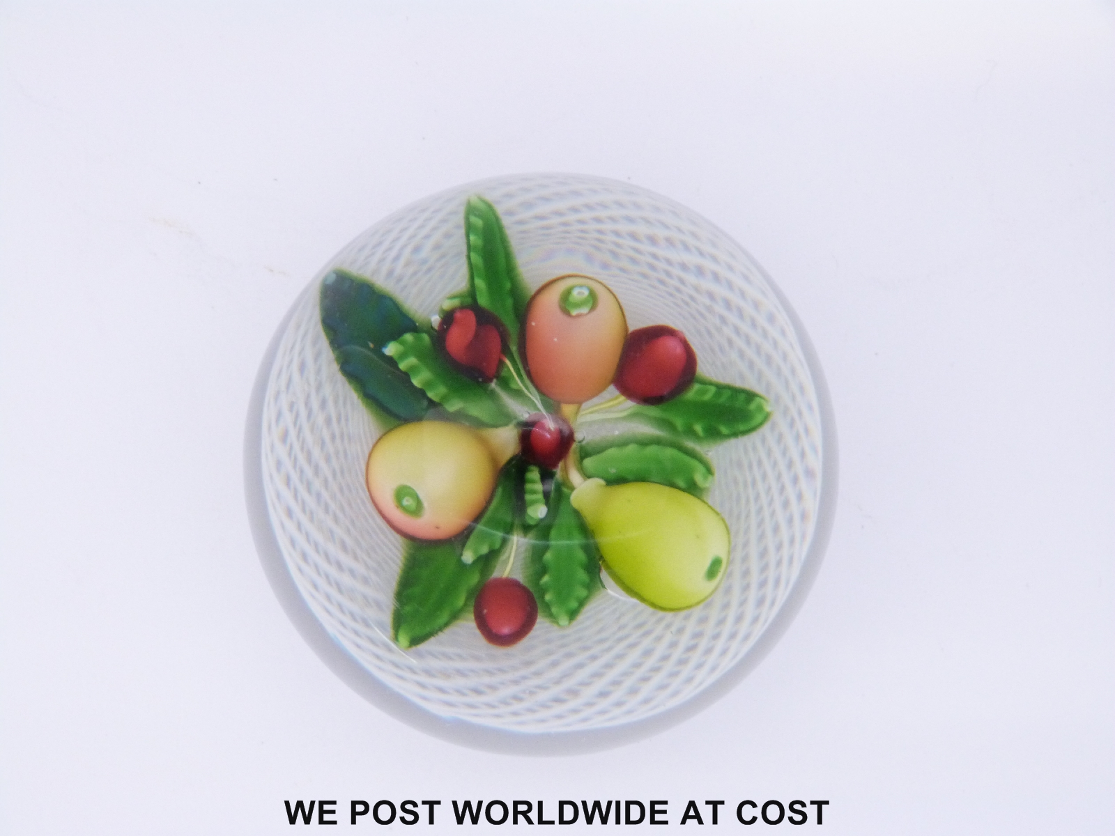 St Louis fruit basket glass paperweight with three pears and four cherries amongst leaves on a