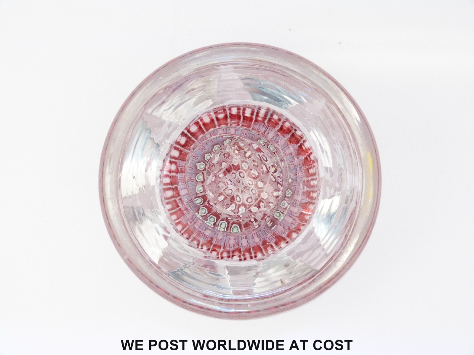 Richardson faceted glass magnum paperweight with eight bands of pink, white and purple canes, - Image 2 of 2