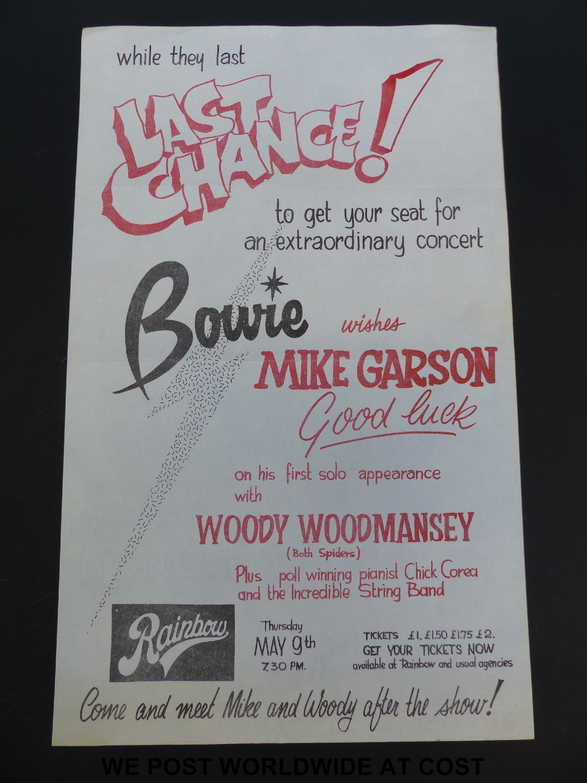 A 1974 poster flyer for Mike Garson and Woody Woodmansey at Rainbow