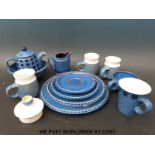 A set of Denby teaware for one, including teapot, dinner plate, tea plate and side plate,