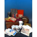 An Art Noveau box, mantel clock, Shelley commemorative mugs,