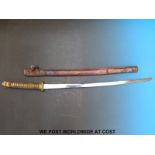 Japanese shinto katana sword with 74cm blade, bound white shagreen tsuka, gilt pierced tsuba,