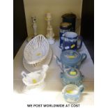 A collection of 19th/20thC Wedgwood Jasperware including a tea set, silver mounted cylindrical vase,