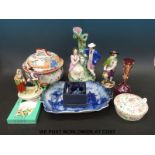 A quantity of ceramics to include Staffordshire spill vase, continental figures, oriental tureen,