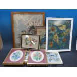 A collection of framed embroideries in frames to include a kingfisher, ducks, blue tits etc.