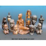 A group of carved wooden African figures and a clay bust