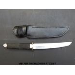 Japanese tanto knife with 19cm polished stainless steel blade in leather sheath,