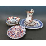 A small collection of Japanese Imari ceramics, 19thC blue and white meat platter,