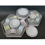 A collection of boxed Fine Dining Co harlequin tea and coffee ware