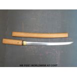 Japanese wakizashi sword with gold wrapped habaki and 44cm blade in later wooden handle and