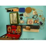 A collection of costume jewellery to include silver items, compacts, 9ct gold chain,