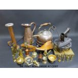 A collection of copper and brassware etc to include shoe trees, a hammered jug,