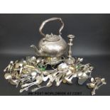 A plated spirit kettle, a quantity of mainly Kings pattern cutlery, etc.