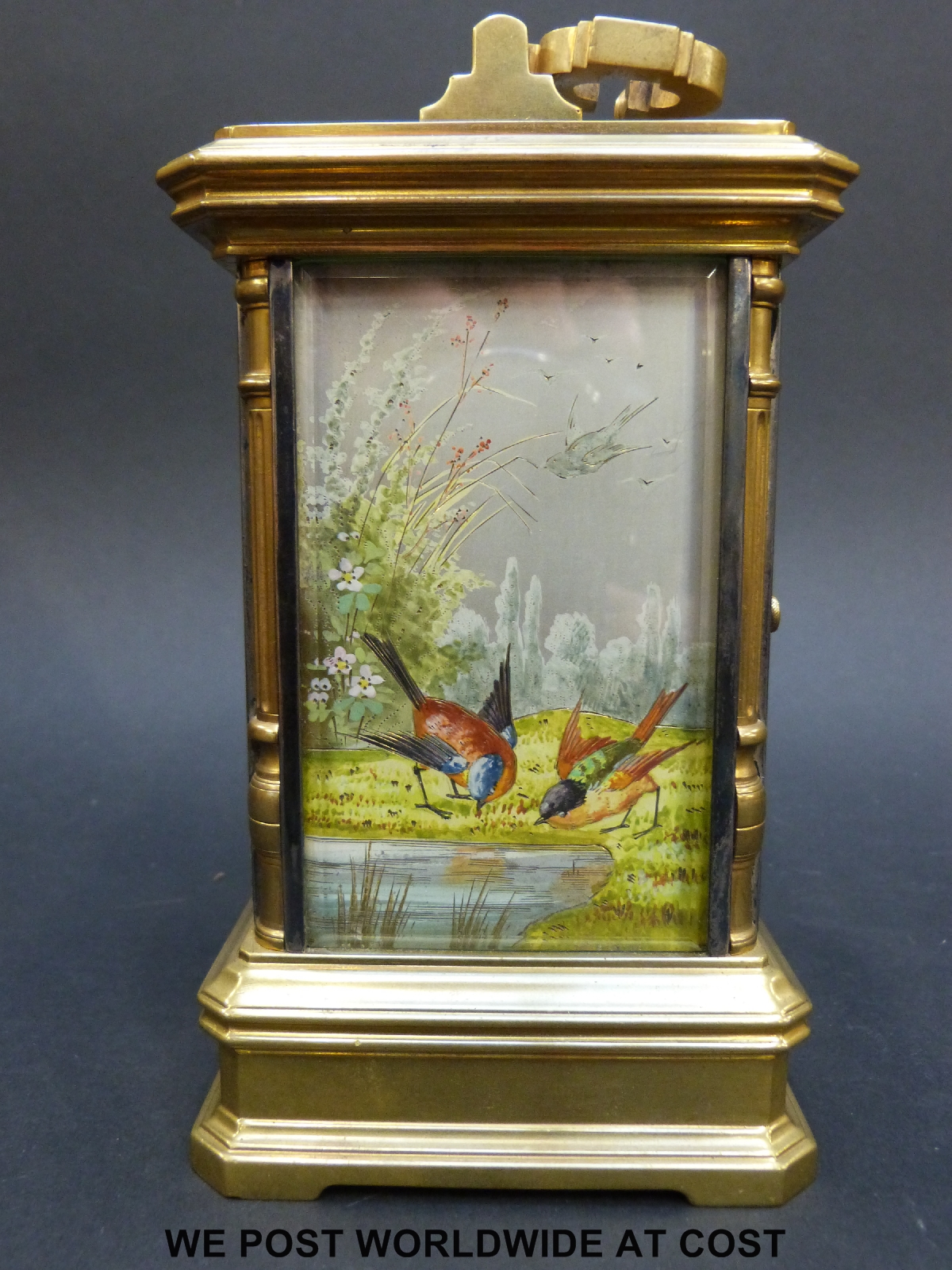 A late 19thC repeating carriage clock with hand-painted dial and sides behind bevelled glass - Image 3 of 6