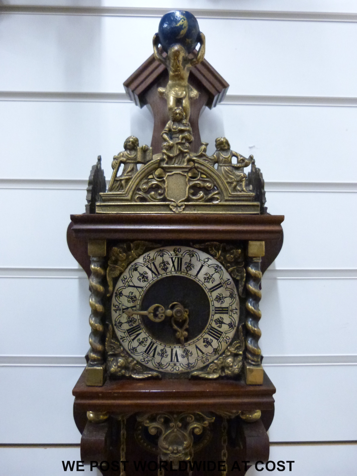 A continental wall clock with brass figural decoration and two large brass weights, - Image 2 of 3