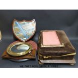 A 19thC easel backed shield shaped mirror, velvet and turned wood stand, footstool, booksafe,