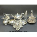 A variety of silver plate including a tea service, cruet,