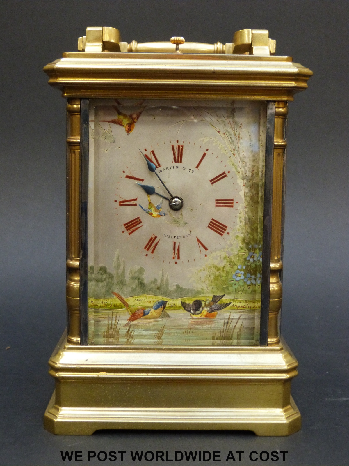 A late 19thC repeating carriage clock with hand-painted dial and sides behind bevelled glass - Image 6 of 6