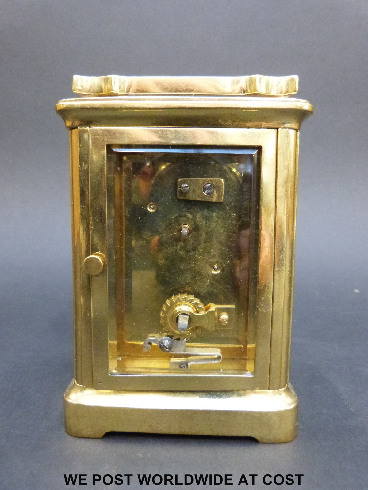 A brass carriage clock in corniche style case, with white enamelled dial, - Image 4 of 7