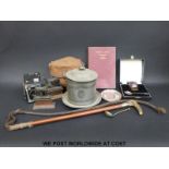 A hallmarked silver-mounted riding crop, WMF trays, biscuit barrel, camera,